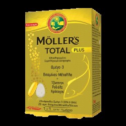 Moller's Total Plus Συμπλήρωμα Διατροφής με Ωμέγα 3, Βιταμίνες, Μέταλλα & 3 Καταξιωμένα Βότανα - Για Ολοκληρωμένη Τόνωση του Οργανισμού, 28+28caps